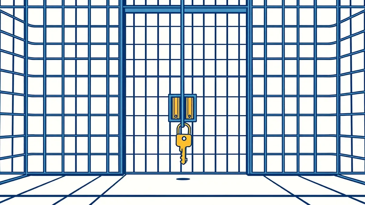Illustration: A single small key rests on a vast metal grid, unable to open the surrounding heavy doors.