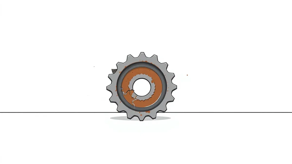Illustration: A solitary, rusted metal gear sits on a clean white surface, its teeth stripped and jagged from internal wear.