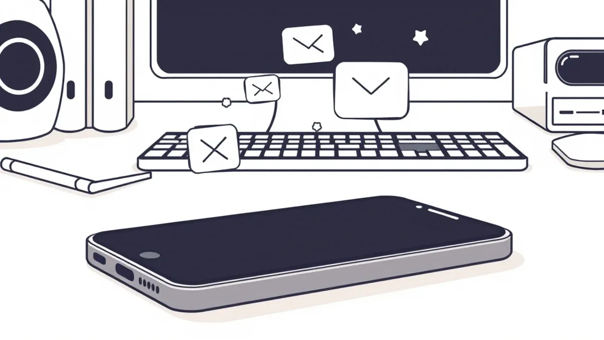 Illustration: A smartphone rests on a sleek office desk with its screen off.