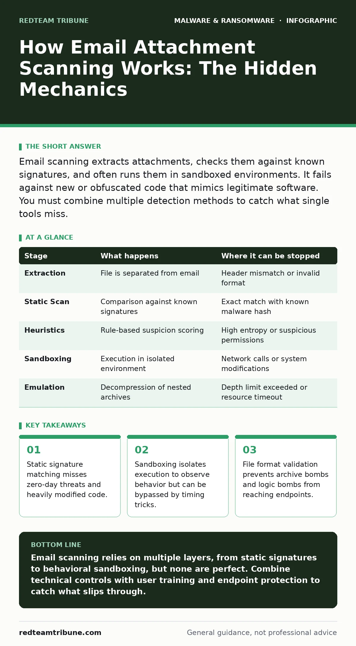 Infographic: How Email Attachment Scanning Works: The Hidden Mechanics. Static signature matching misses zero-day threats and heavily modified code. Sandboxing isolates execution to observe behavior but can be bypassed by timing tricks. File format validation prevents archive bombs and logic bombs f