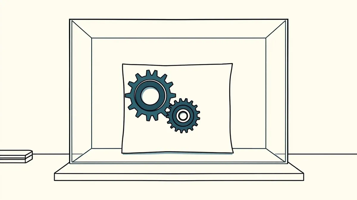 Illustration: A transparent glass cube sits on a clean desk, enclosing a generic paper document that unfolds into jagged, dark mechanical gears.