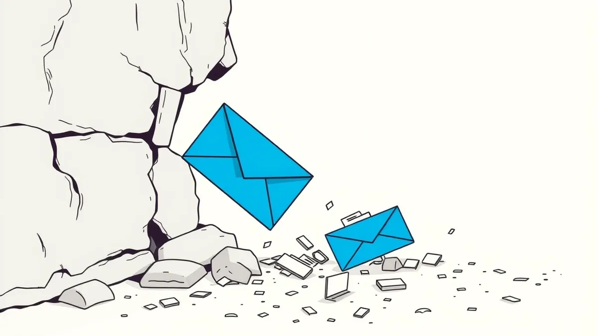 Illustration: A bright blue envelope slips through a jagged crack in a concrete wall, scattering loose digital files onto the dusty ground below.