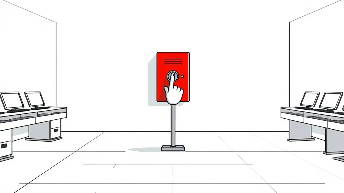 Illustration: A single red emergency switch stands isolated on a clean concrete floor, casting a sharp shadow.