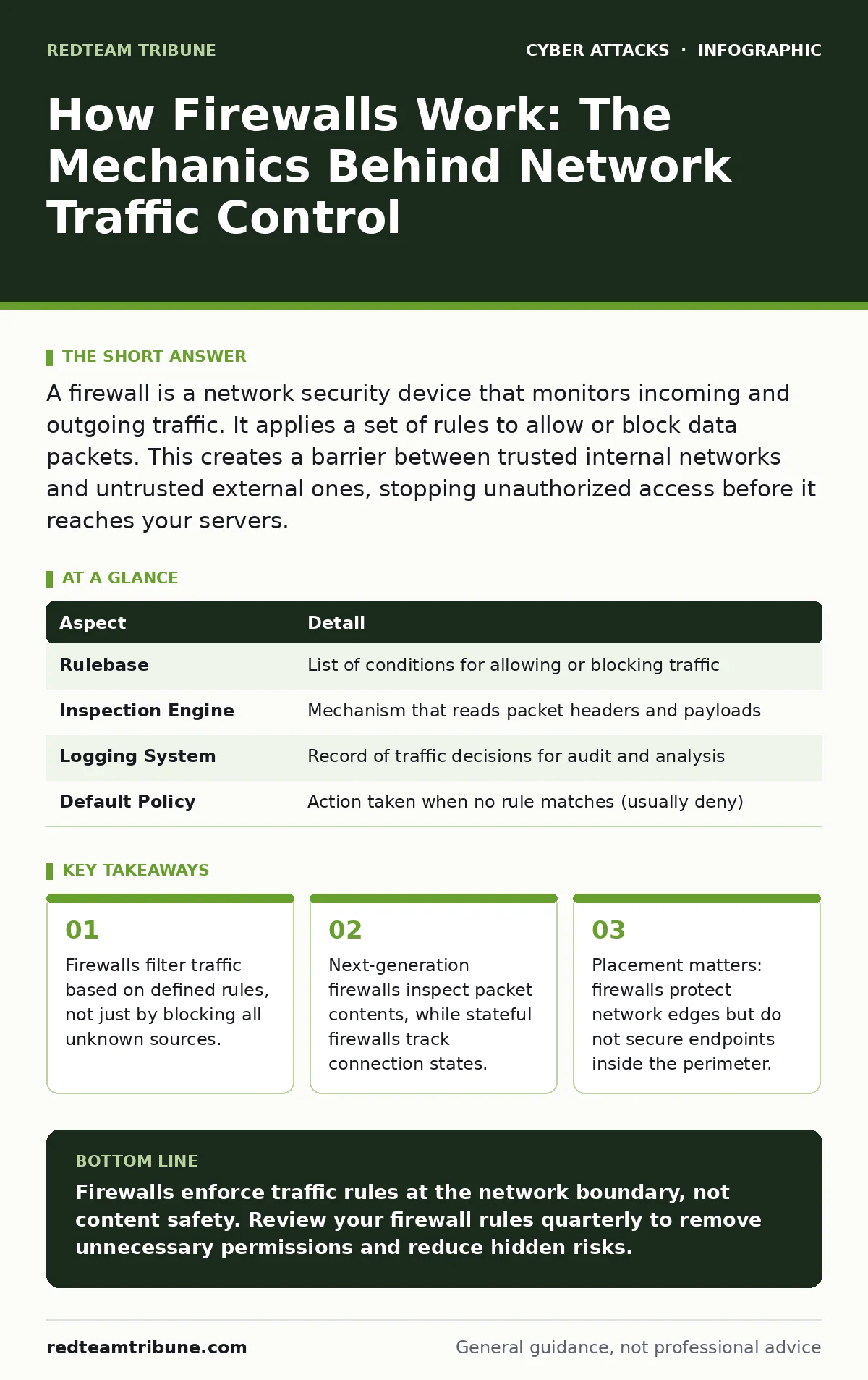 Infographic: How Firewalls Work: The Mechanics Behind Network Traffic Control. Firewalls filter traffic based on defined rules, not just by blocking all unknown sources. Next-generation firewalls inspect packet contents, while stateful firewalls track connection states. Placement matters: firewalls