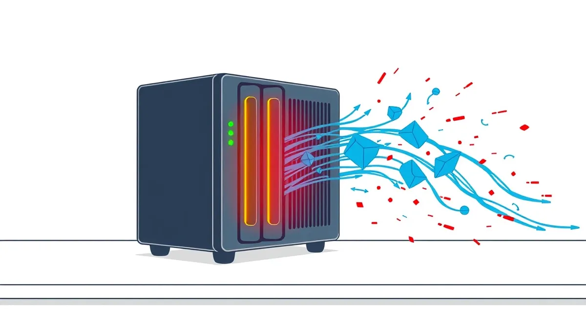 Illustration: A sleek, rectangular firewall appliance sits on a clean white desk, its front panel glowing with three vertical status lights in green, yellow, and red.