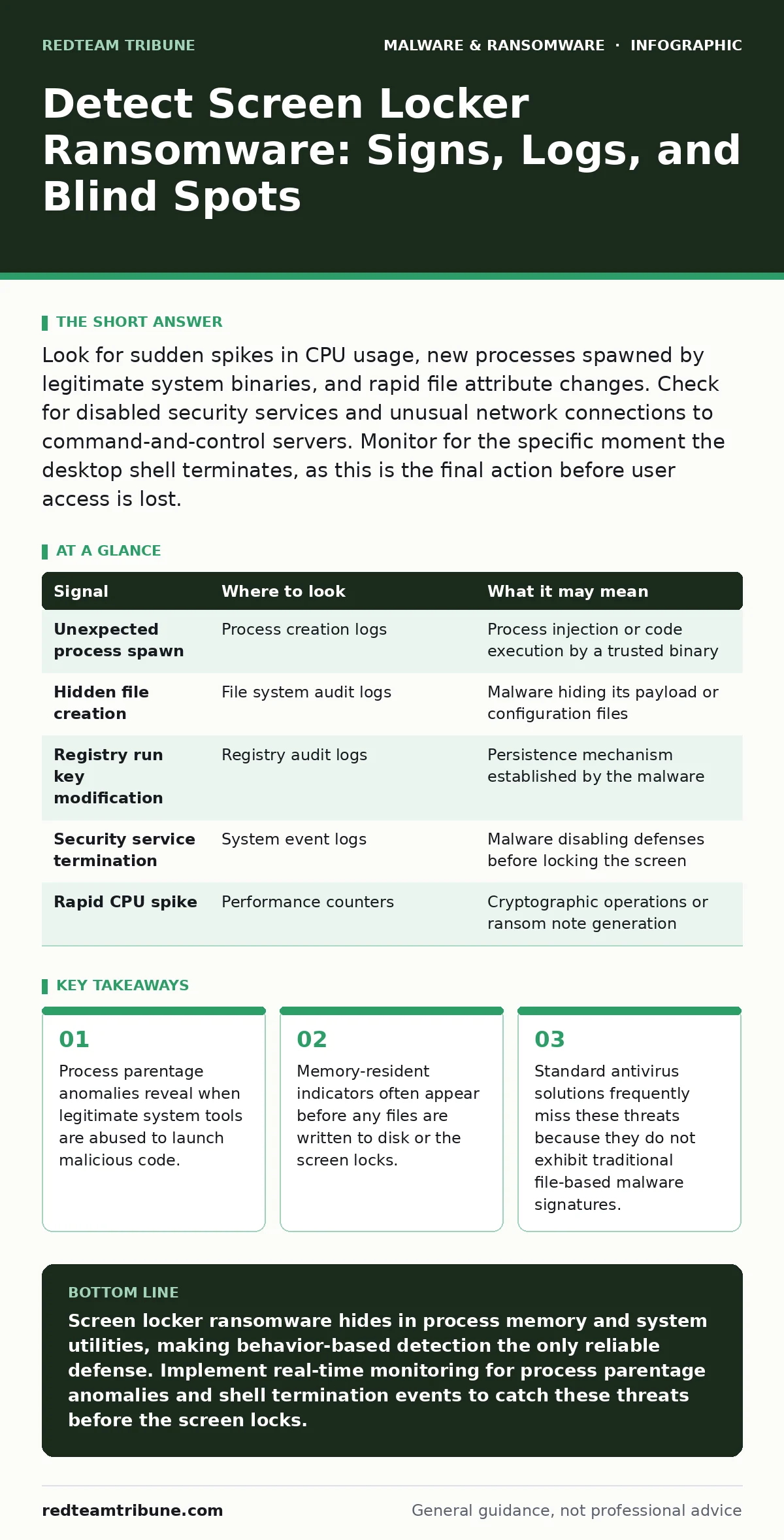 Infographic: Detect Screen Locker Ransomware: Signs, Logs, and Blind Spots. Process parentage anomalies reveal when legitimate system tools are abused to launch malicious code. Memory-resident indicators often appear before any files are written to disk or the screen locks. Standard antivirus soluti