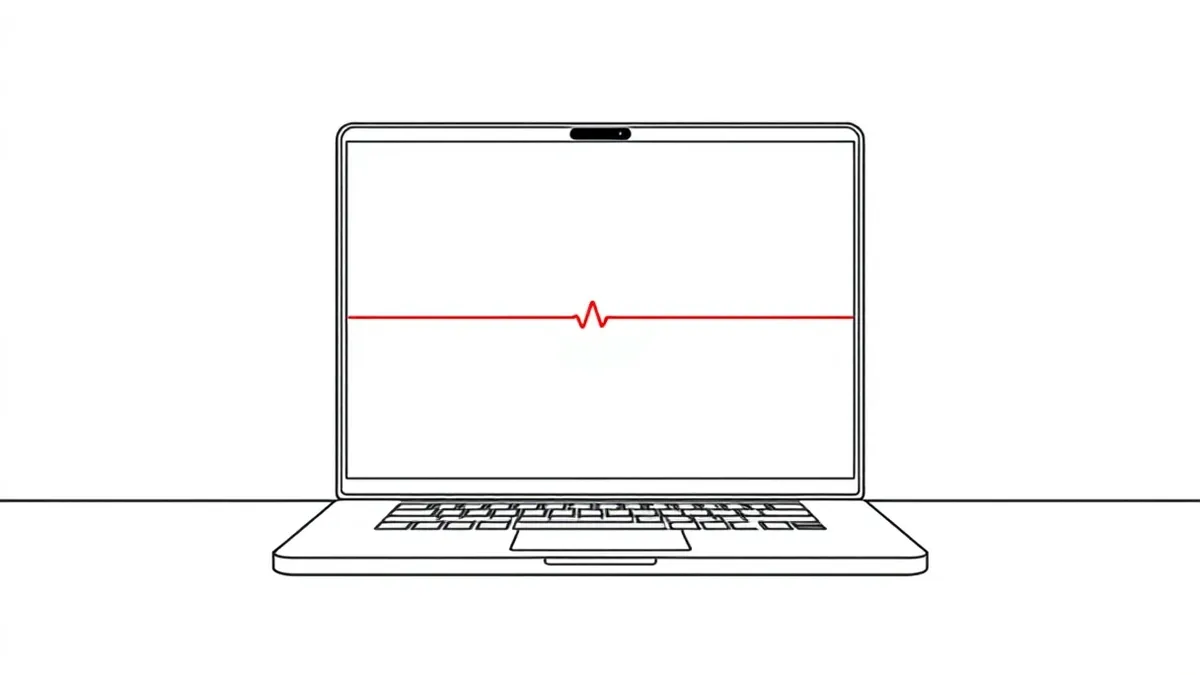 Illustration: A sleek laptop sits on a clean desk with its screen displaying a blank, high-contrast geometric pattern that covers the entire display.