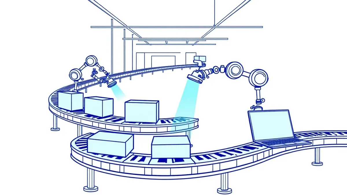 Illustration: A continuous integration pipeline flows like a conveyor belt through a secure facility.