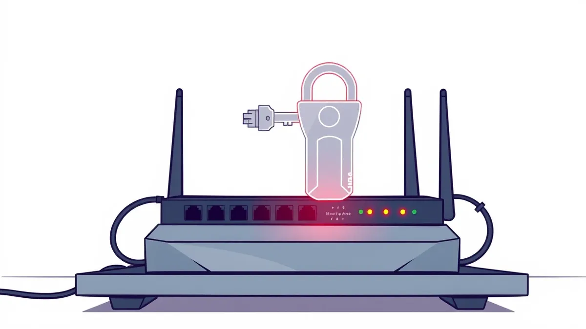 Illustration: A sleek industrial router sits on a metal desk, its ethernet cables trailing like vines.