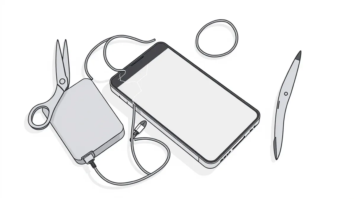 Illustration: A cracked smartphone lies on a sterile white table next to a generic external hard drive and a pair of safety scissors.
