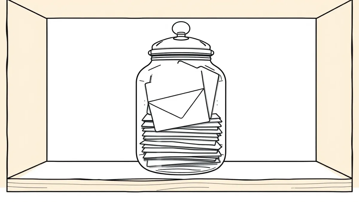 Illustration: A transparent glass jar sits on a wooden shelf, filled with neatly stacked white paper envelopes.
