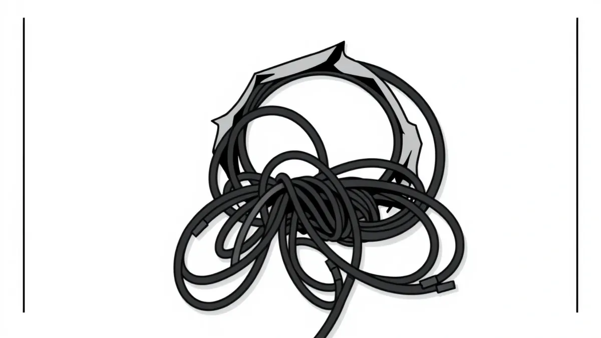 Illustration: A tangled knot of thick black cables squeezes through a small hole in a white wall, blocking the opening completely.