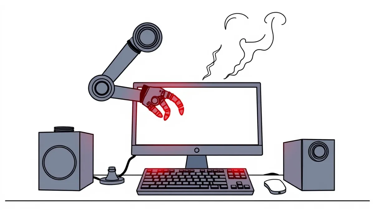 Illustration: A sleek black autonomous robot arm hovers over a blank computer keyboard in a dimly lit room.