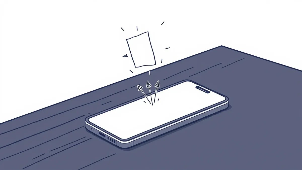 Illustration: A smartphone rests on a dark wooden table with its screen glowing softly.