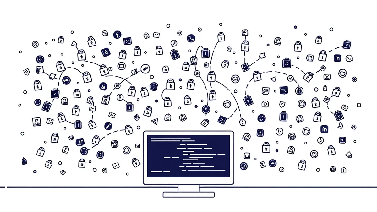 Illustration: A cluttered digital dashboard displays scattered abstract icons representing login events and data access.