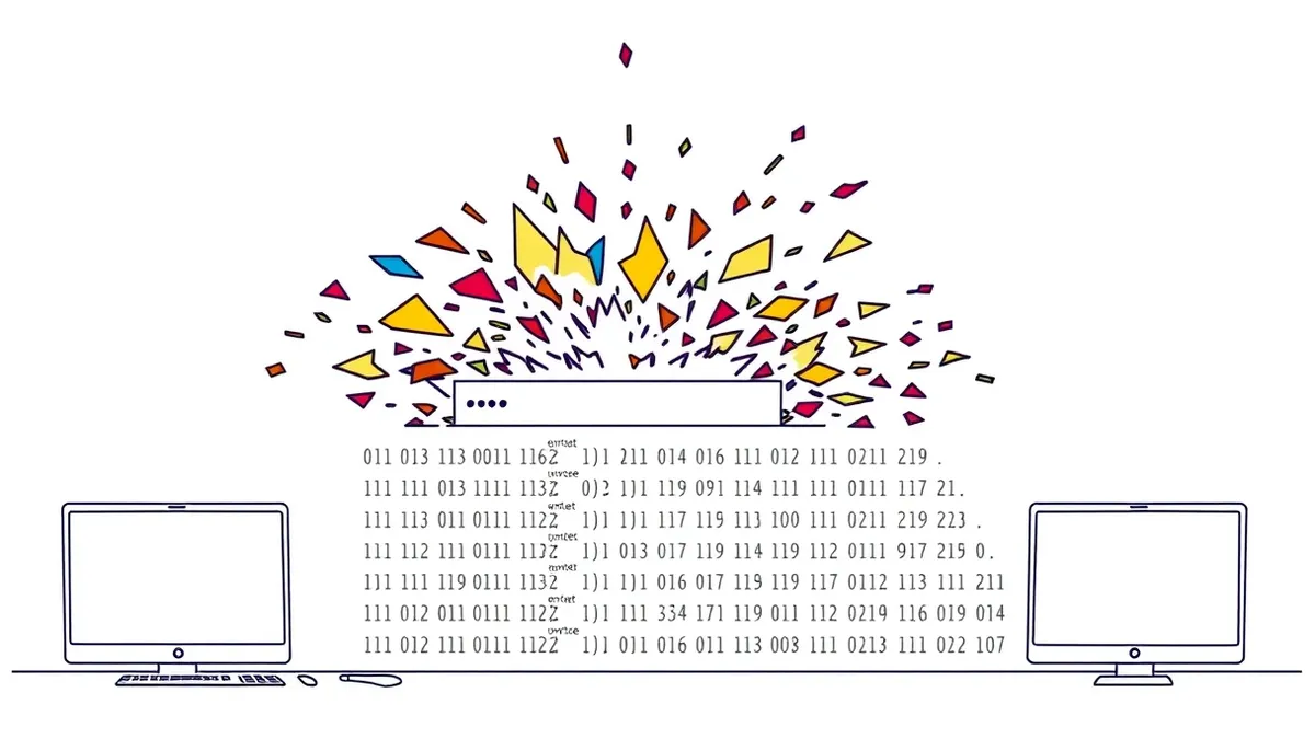 Illustration: A chaotic storm of jagged, colorful code fragments erupts from a small input field into a clean, structured digital grid.