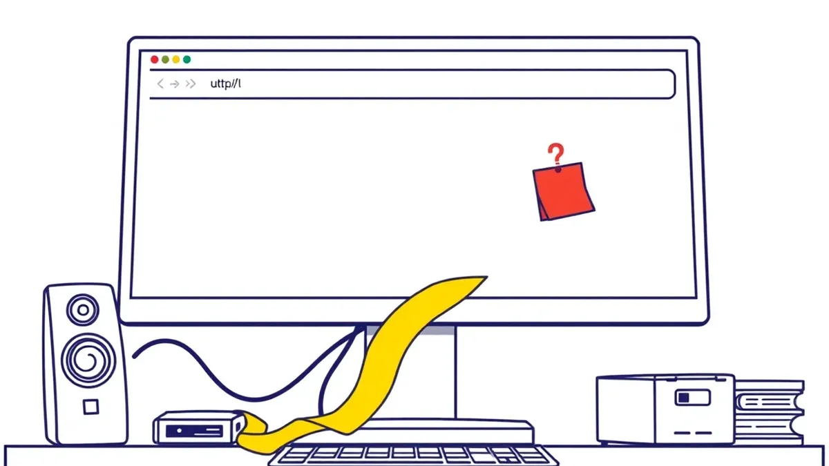 Illustration: A computer monitor displays a blank web browser window with a generic URL bar, resting on a cluttered desk.