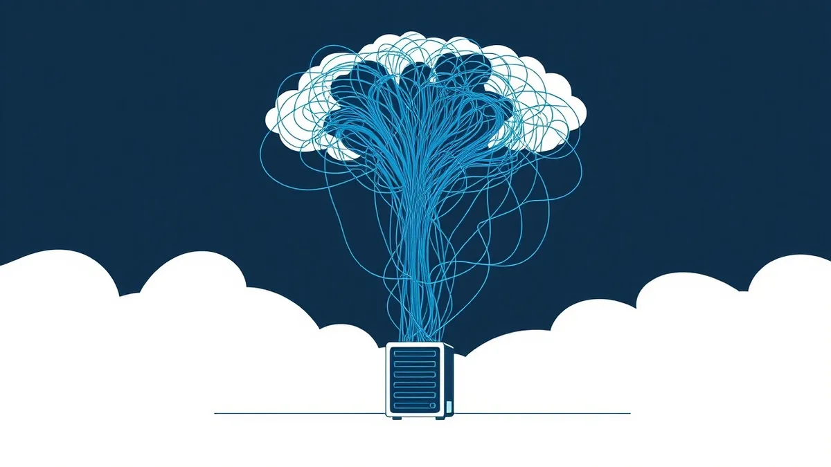 Illustration: A tangled web of thin blue threads stretches upward from a small server box, forming a dense, chaotic cloud against a dark sky.