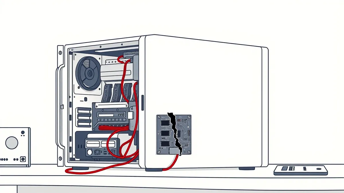 Illustration: A sleek white server chassis sits open on a workbench, exposing intricate circuit boards and cooling fans.