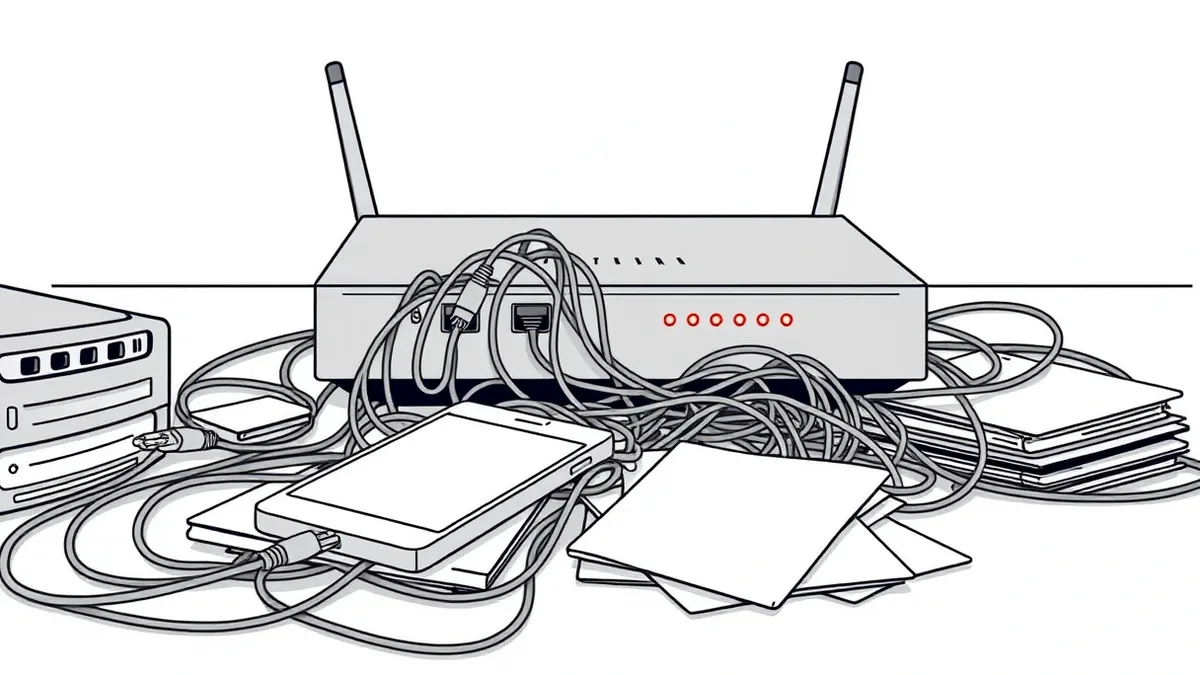 Illustration: A sleek silver router sits on a cluttered desk, its connection ports blinking with erratic red lights.