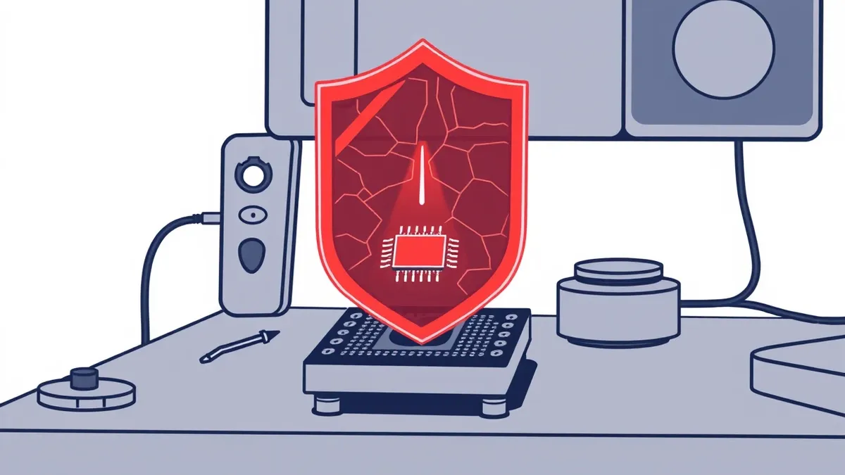 Illustration: A small microcontroller board sits on a dark workbench, its central chip glowing faintly.