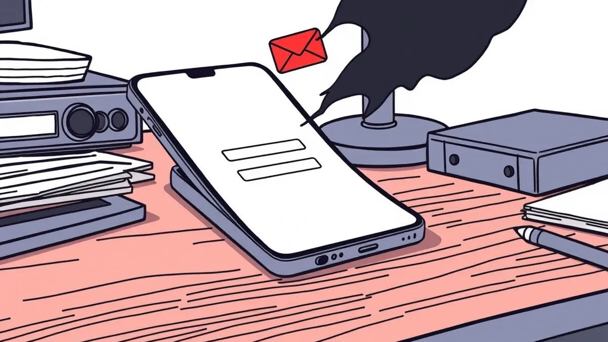 Illustration: A sleek smartphone rests on a cluttered desk, its screen displaying a blank white form with three empty input fields.