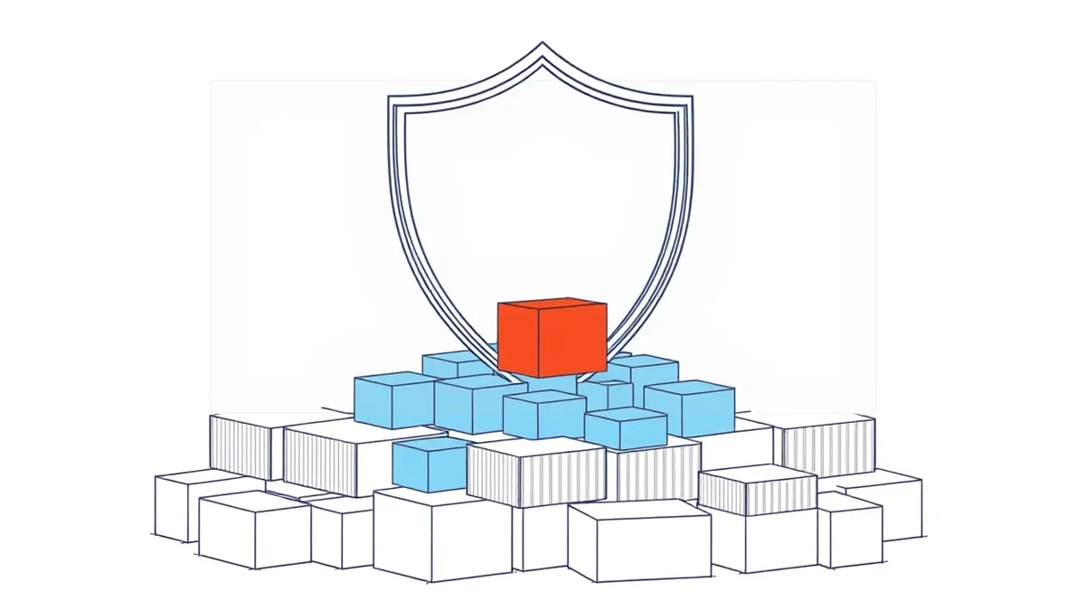 Illustration: A transparent three-dimensional shield hovers over a cluster of white geometric cubes representing container pods.