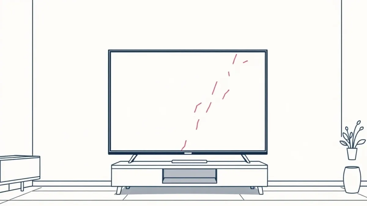 Illustration: A sleek black television set rests on a simple wooden stand in a dimly lit room.