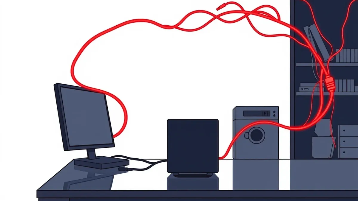 Illustration: A sleek black firewall appliance sits on a dark desk, its blank front panel reflecting the room.