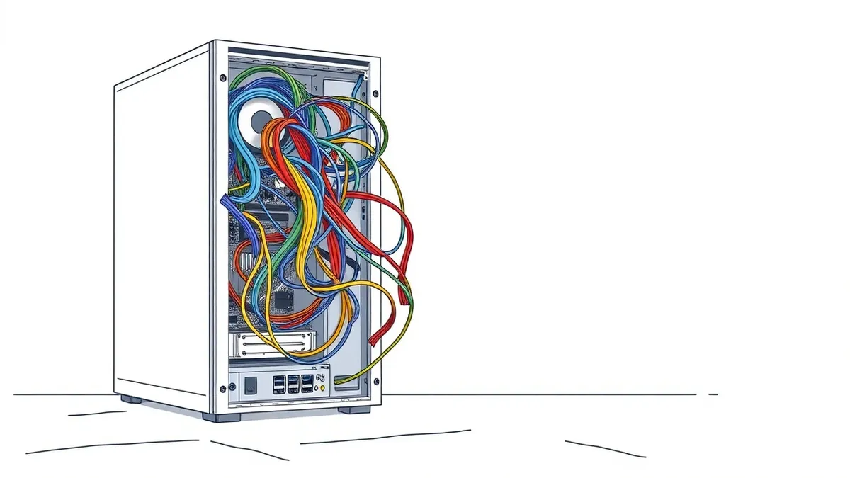 Illustration: A sleek silver tower server sits on a concrete floor with its side panel removed.