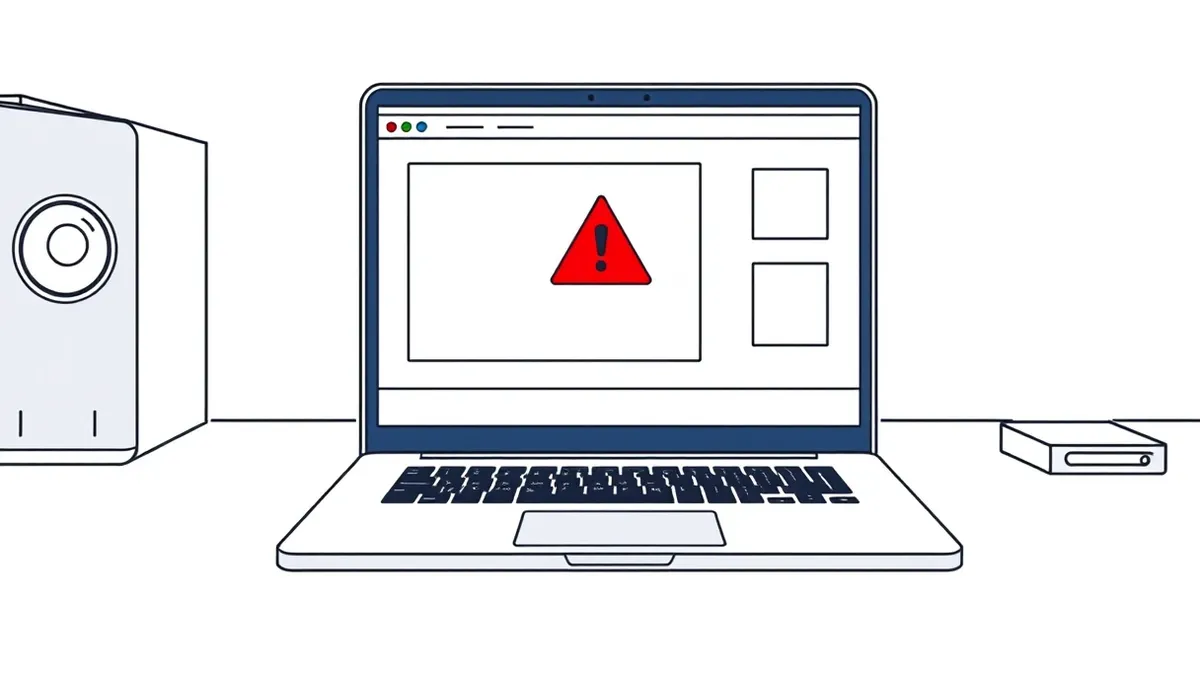 Illustration: A sleek silver laptop sits on a dark desk, its screen displaying a complex window application with blank rectangular frames and abstract geometric shapes.