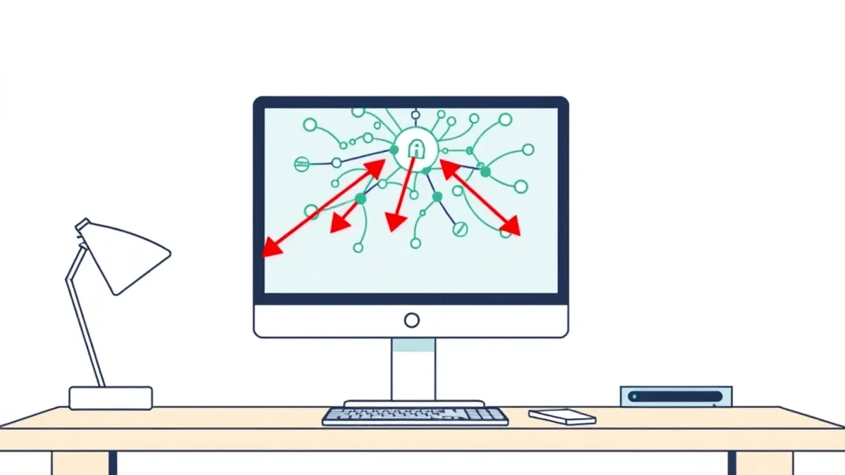 Illustration: A sleek desktop computer sits on a clean wooden desk, its monitor displaying a complex network of interconnected nodes in soft blue and green.