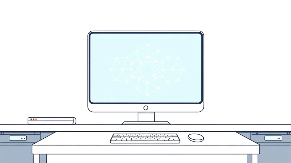 Illustration: A sleek artificial intelligence terminal sits on a desk, its screen displaying a complex geometric lattice of interconnected nodes.