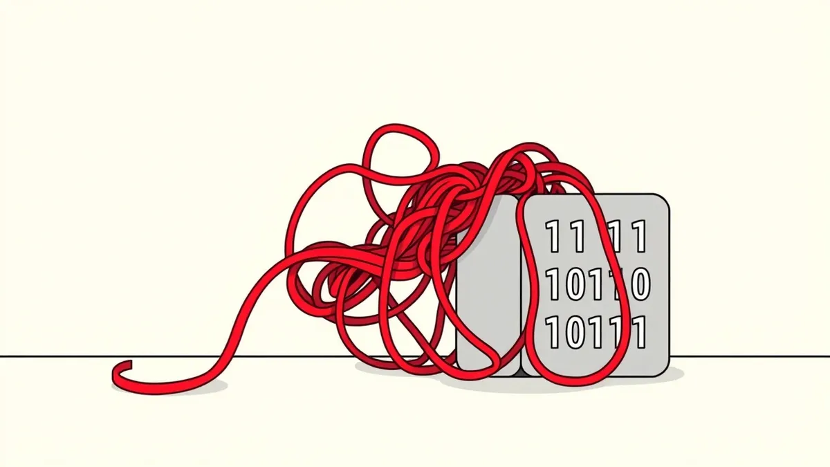 Illustration: A tangled knot of red source code lines sits on a desk next to a clean, grey metal binary block.