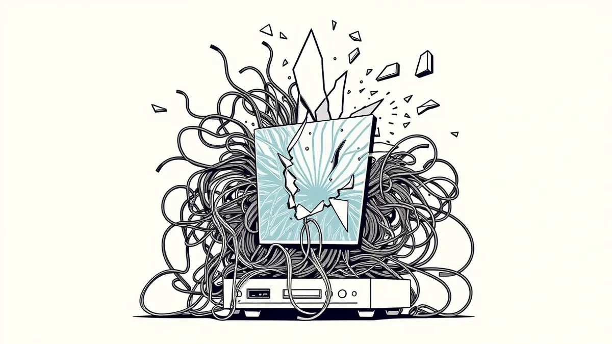 Illustration: A chaotic tangle of tangled wires and circuit boards erupts from a single input port, morphing into jagged, sharp geometric shapes that pierce through a fragile glass