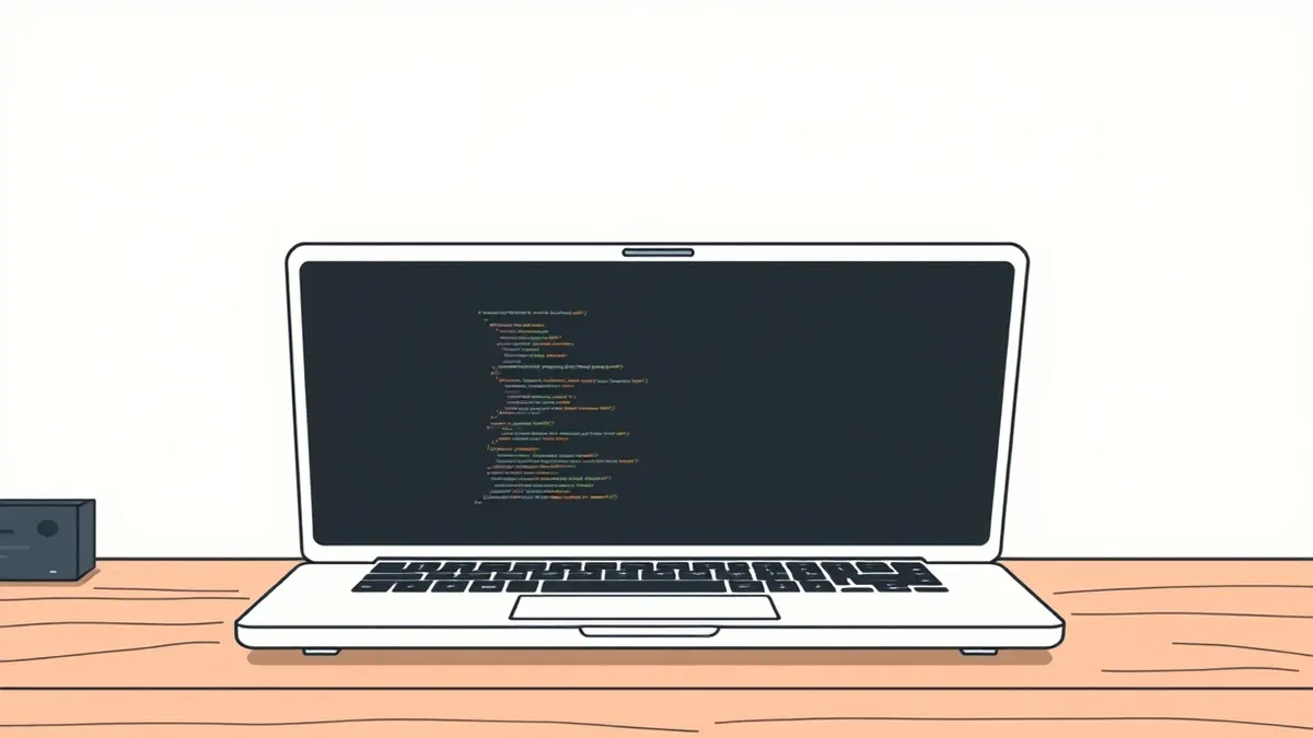 Illustration: A white laptop sits open on a wooden desk, its screen displaying a blank dark code editor interface.