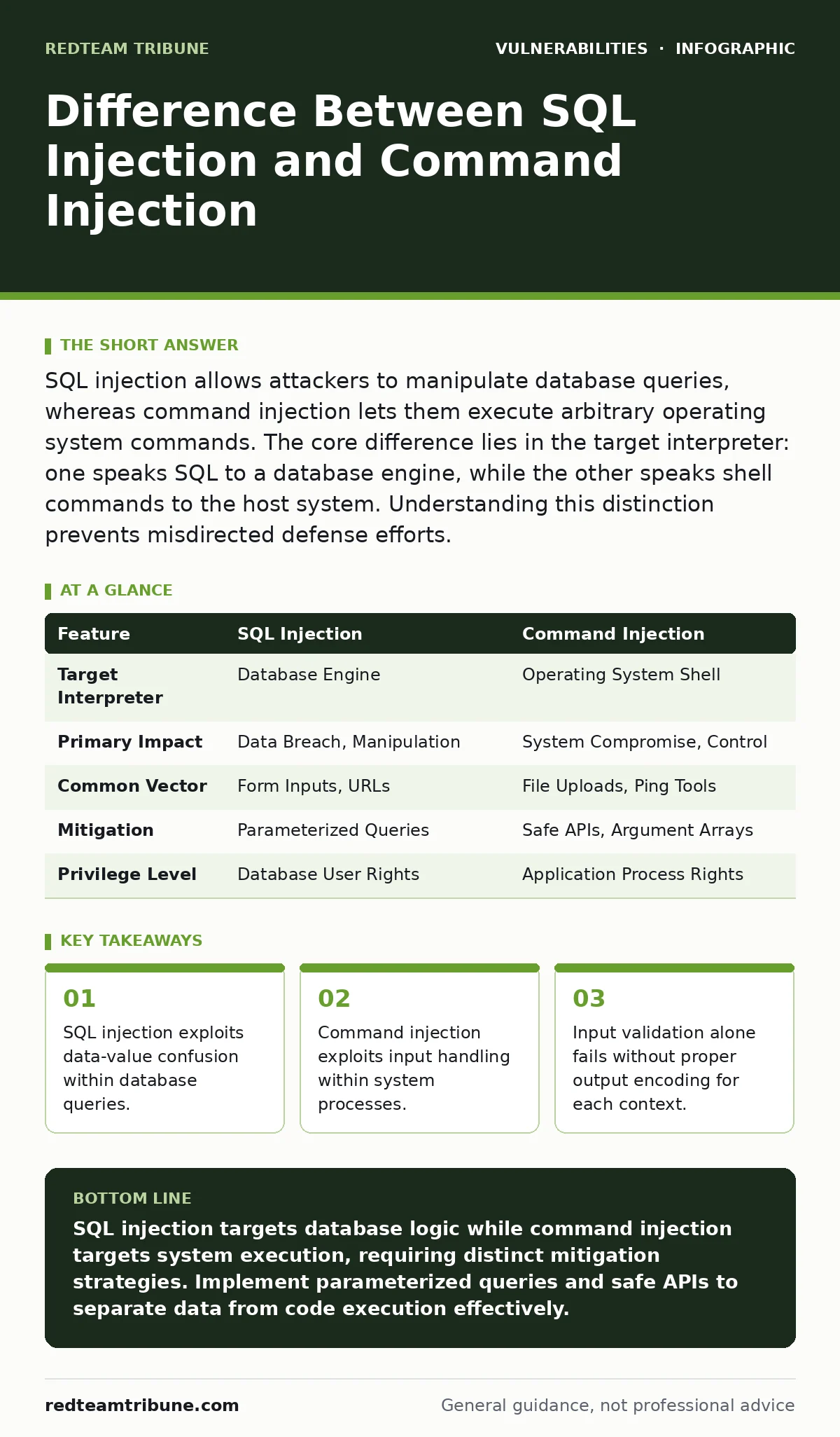 Infographic: Difference Between SQL Injection and Command Injection. SQL injection exploits data-value confusion within database queries. Command injection exploits input handling within system processes. Input validation alone fails without proper output encoding for each context.