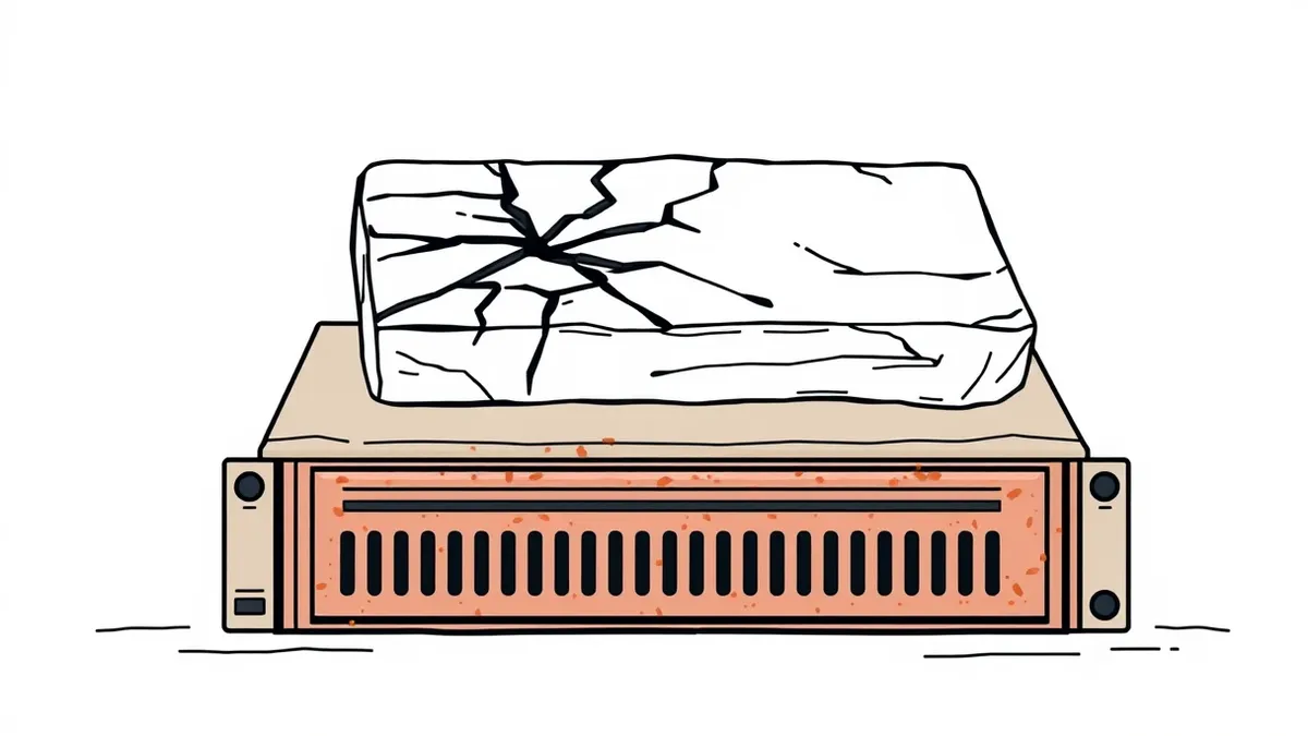 Illustration: A cracked stone tablet sits atop a rusted metal server blade.