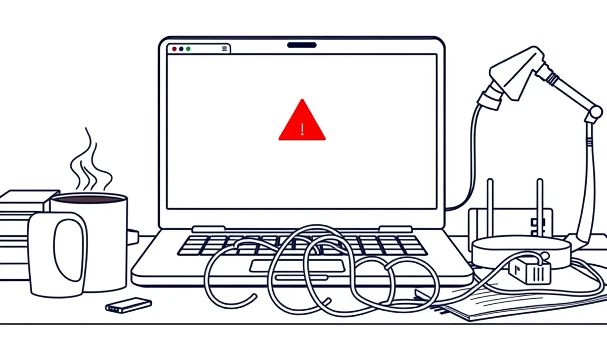 Illustration: An open laptop sits on a cluttered desk beside a steaming coffee mug.