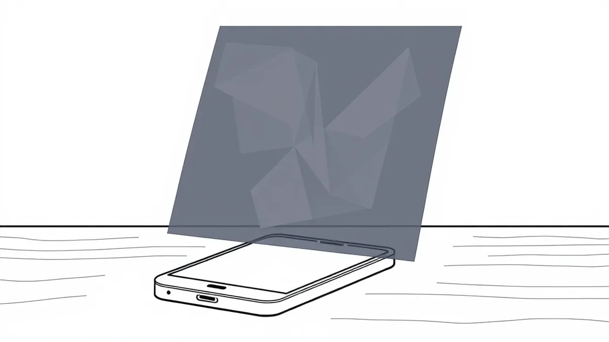 Illustration: A smartphone sits on a wooden desk with a blank white screen.