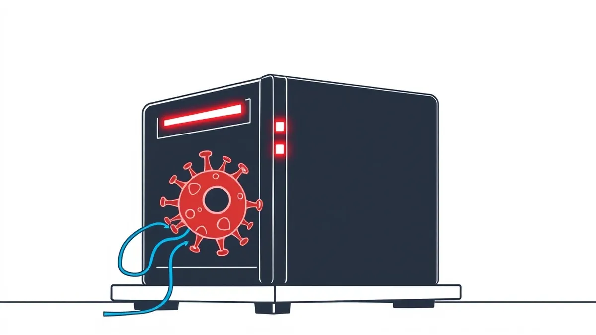 Illustration: A sleek black network firewall sits on a desk, its status lights flickering erratically.