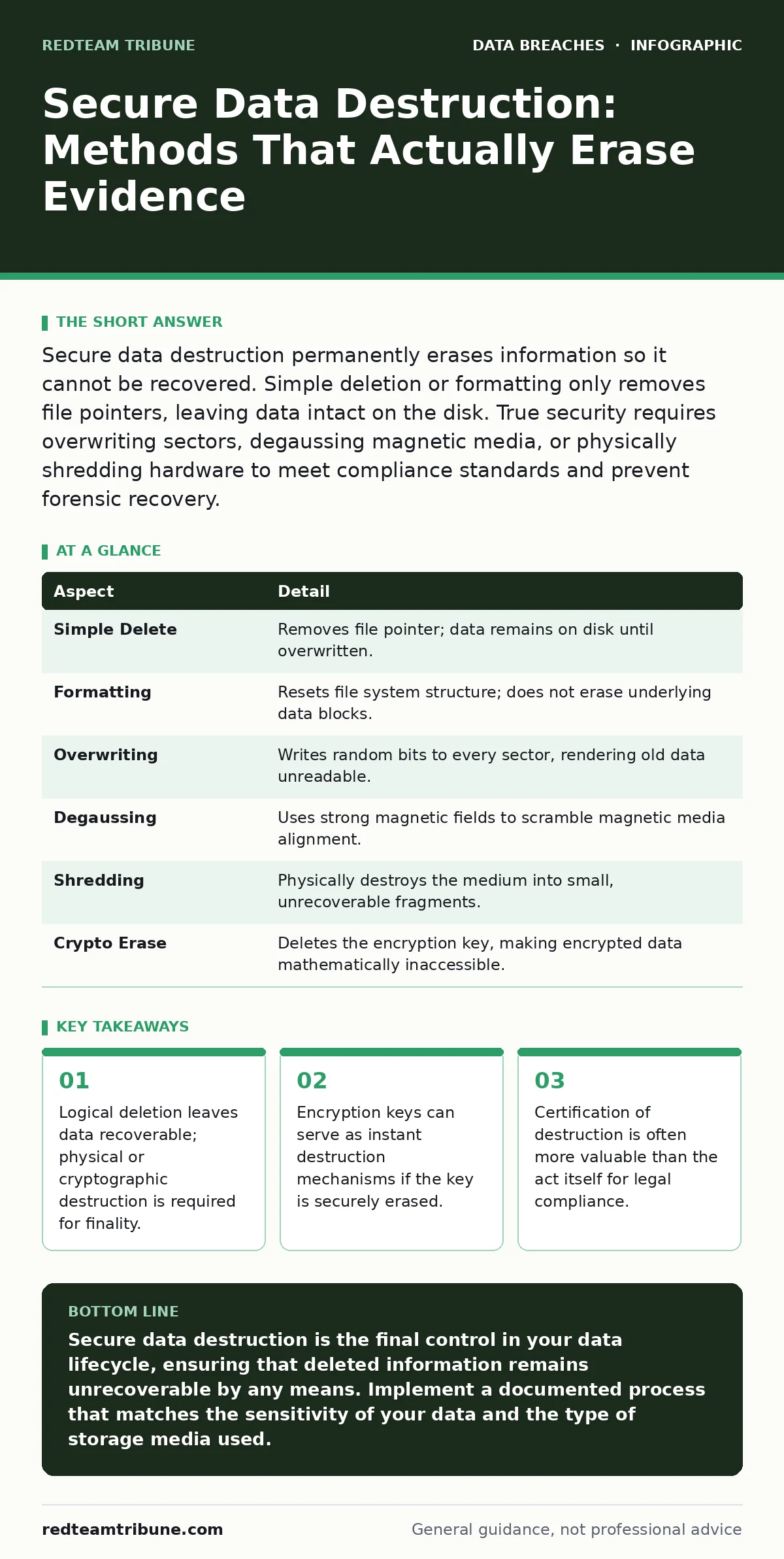 Infographic: Secure Data Destruction: Methods That Actually Erase Evidence. Logical deletion leaves data recoverable; physical or cryptographic destruction is required for finality. Encryption keys can serve as instant destruction mechanisms if the key is securely erased. Certification of destructio