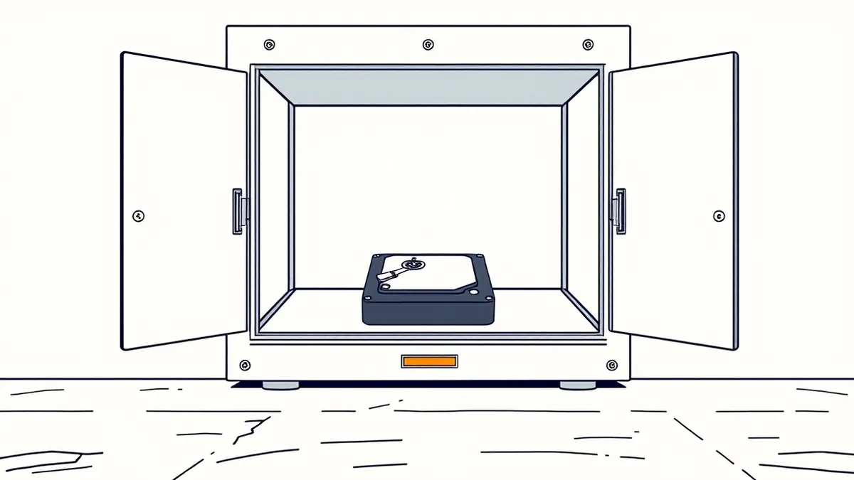 Illustration: A large industrial degausser machine sits on a concrete floor with its heavy metal jaws open.