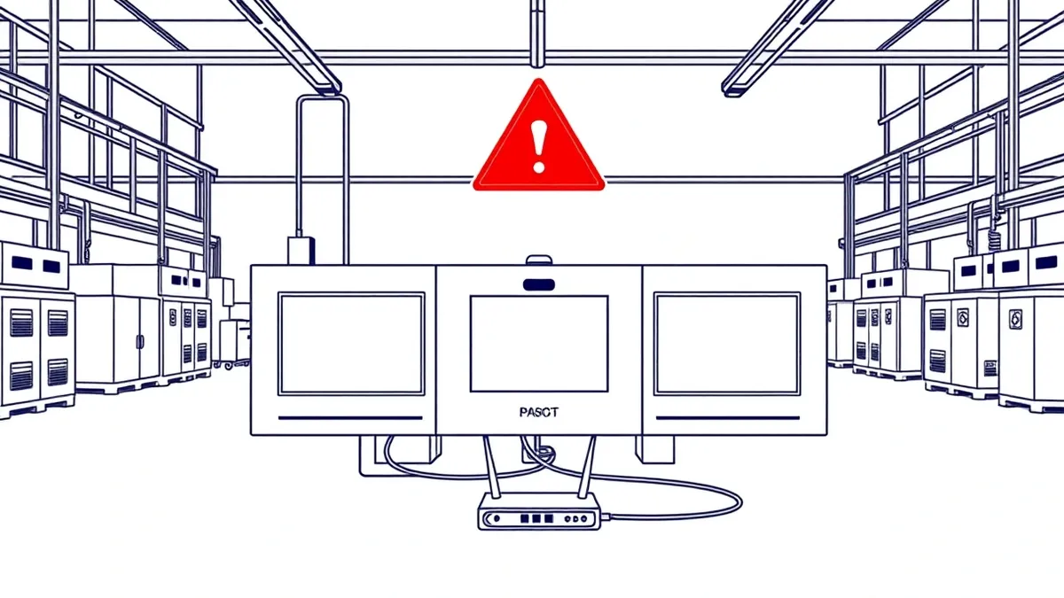 Illustration: A generic industrial control panel with blank screens sits in a factory setting, connected by cables to a small router.