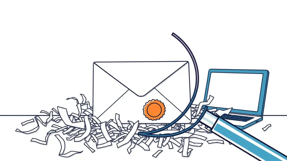 Illustration: A magnifying glass hovers over a single, perfectly crafted email envelope resting on a chaotic desk of shredded paper.