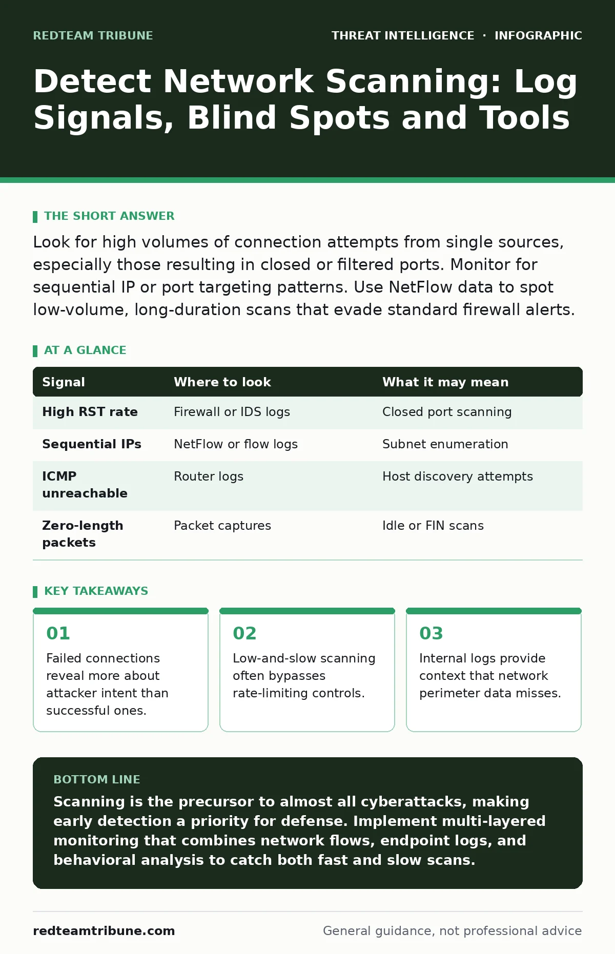 Infographic: Detect Network Scanning: Log Signals, Blind Spots and Tools. Failed connections reveal more about attacker intent than successful ones. Low-and-slow scanning often bypasses rate-limiting controls. Internal logs provide context that network perimeter data misses.