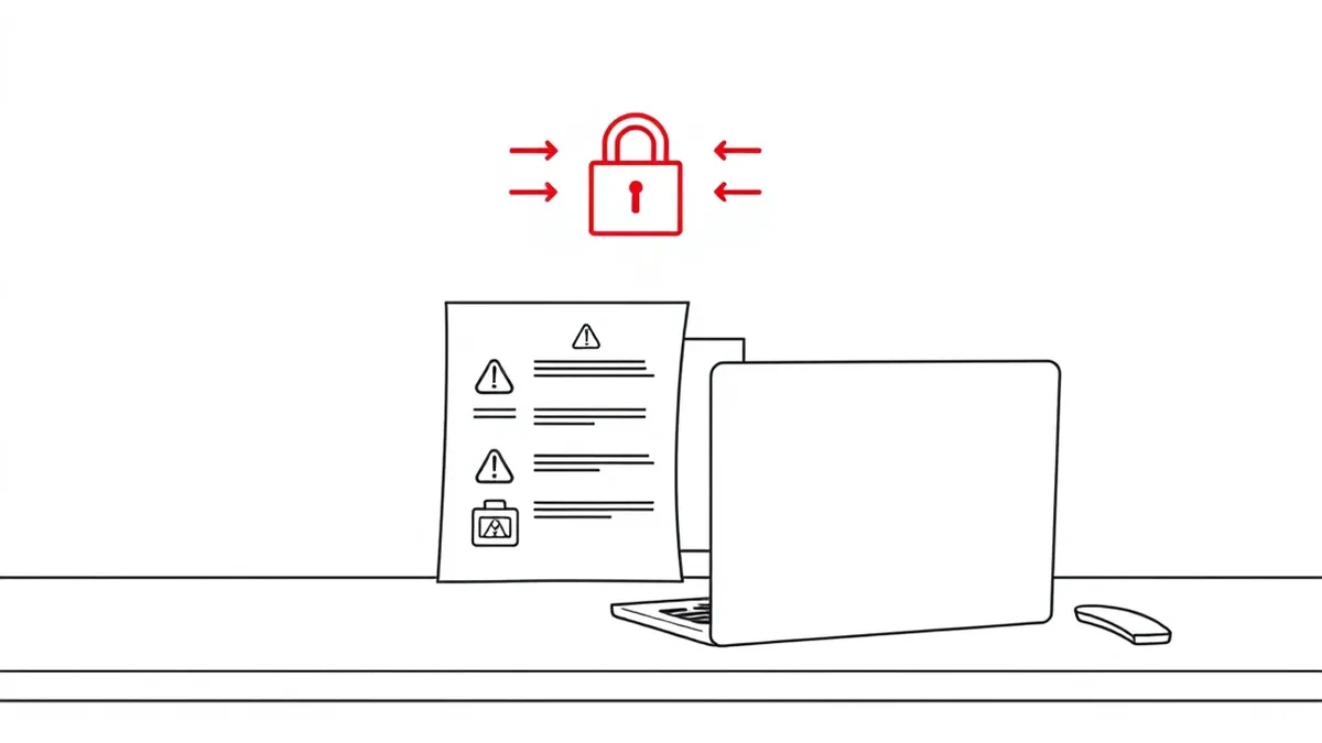 Illustration: A sterile white desk holds a closed silver laptop beside a printed document with visible warning icons.