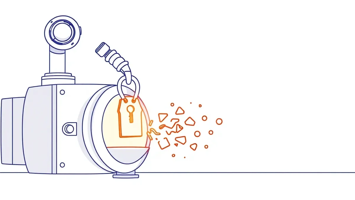 Illustration: A robotic arm pulls a glowing key from a secure vault and drops it into a transparent funnel.