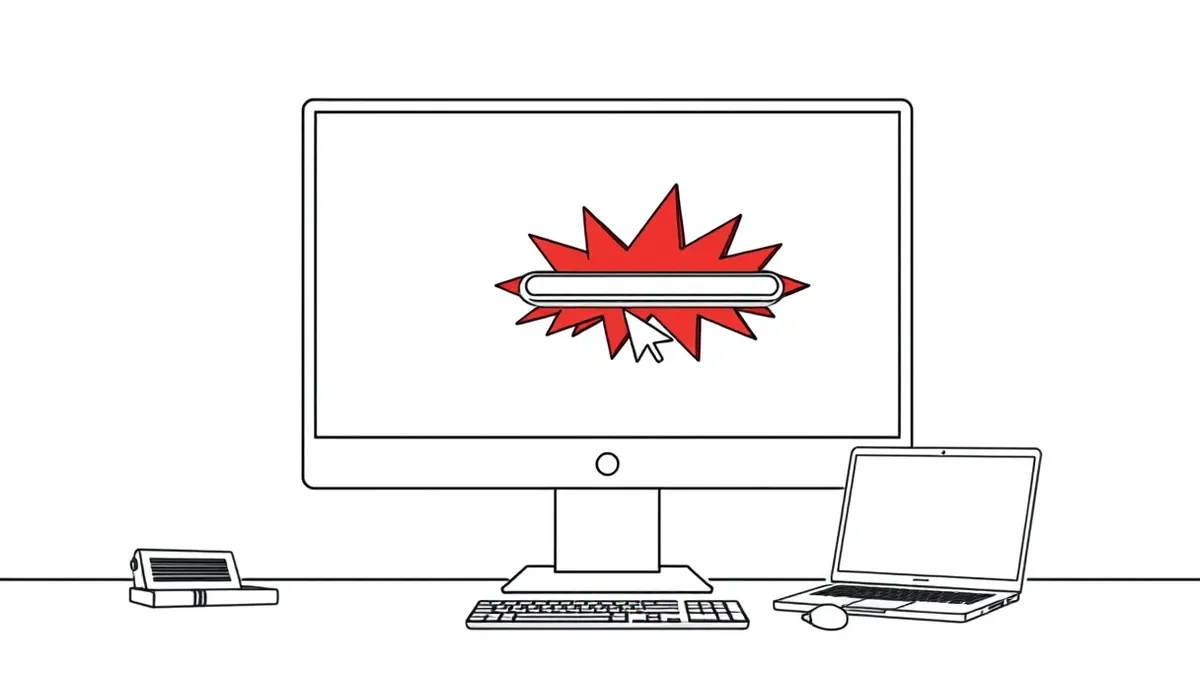 Illustration: A blank computer monitor displays a single abstract hyperlink on a white background.