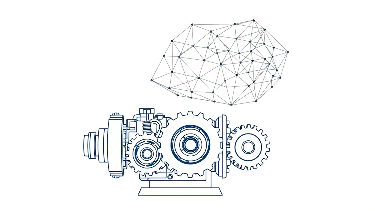 Illustration: A transparent geometric mesh floats above a complex engine of interlocking gears.